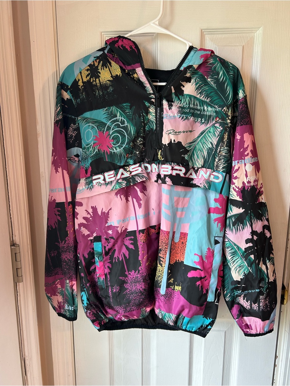 Reason Tropical Palm Print Pullover Jacket - Teal Pink Black